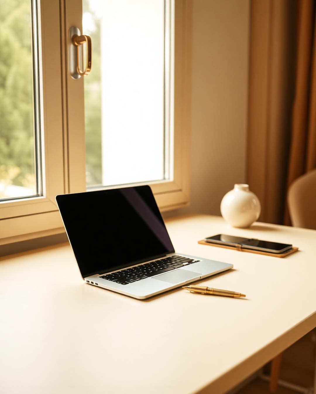 A serene minimalist workspace with laptop and fountain pen